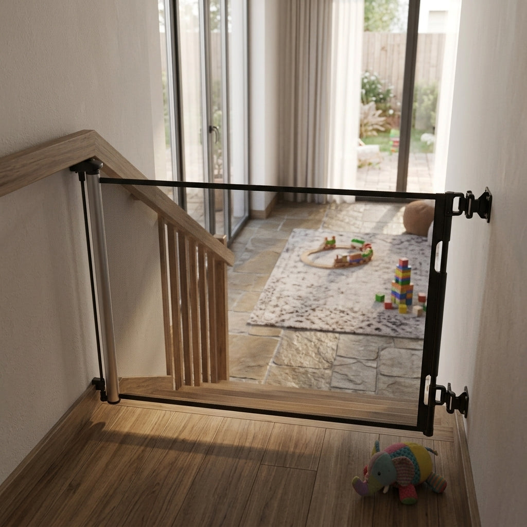 LifeSaving Retractable Baby Gate installed on staircase